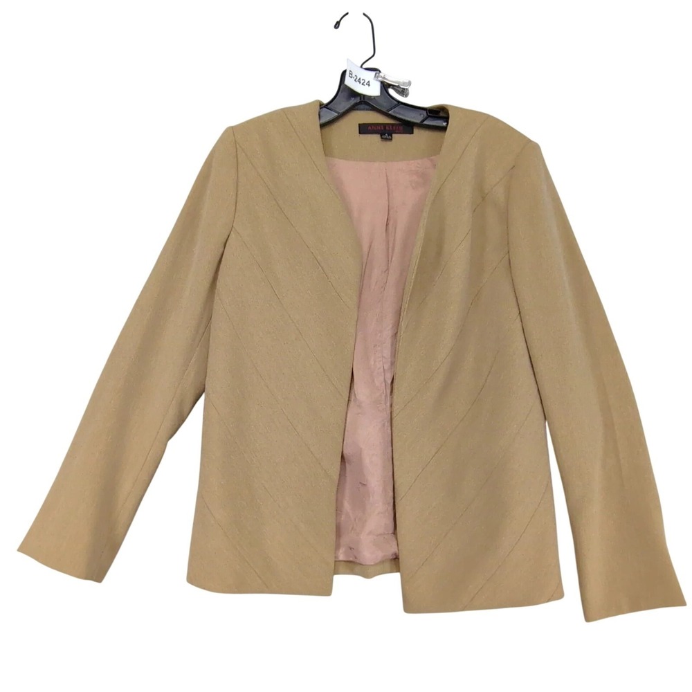 Vintage 80s Anne Klein Beige Open Front Blazer Jacket Womens 4 Career Retro Chic